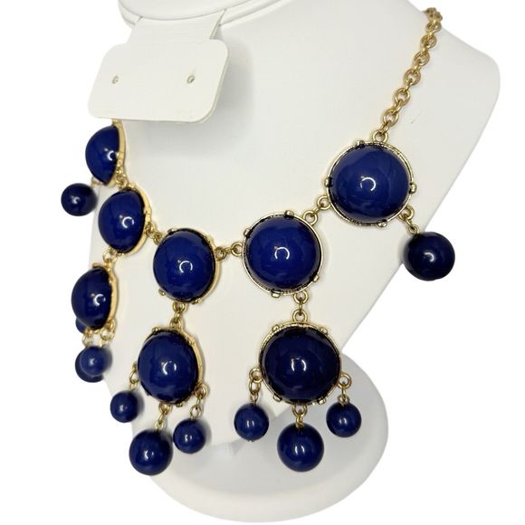 Navy Blue Cabochon Chandelier Statement Necklace 22” Bubbles Runway Gold Tone - Picture 5 of 16